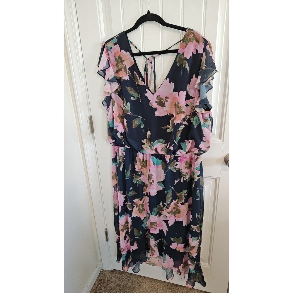 Emma & Michele Navy Pink Floral High-Low Flutter Sleeve Dress Plus Size 3X